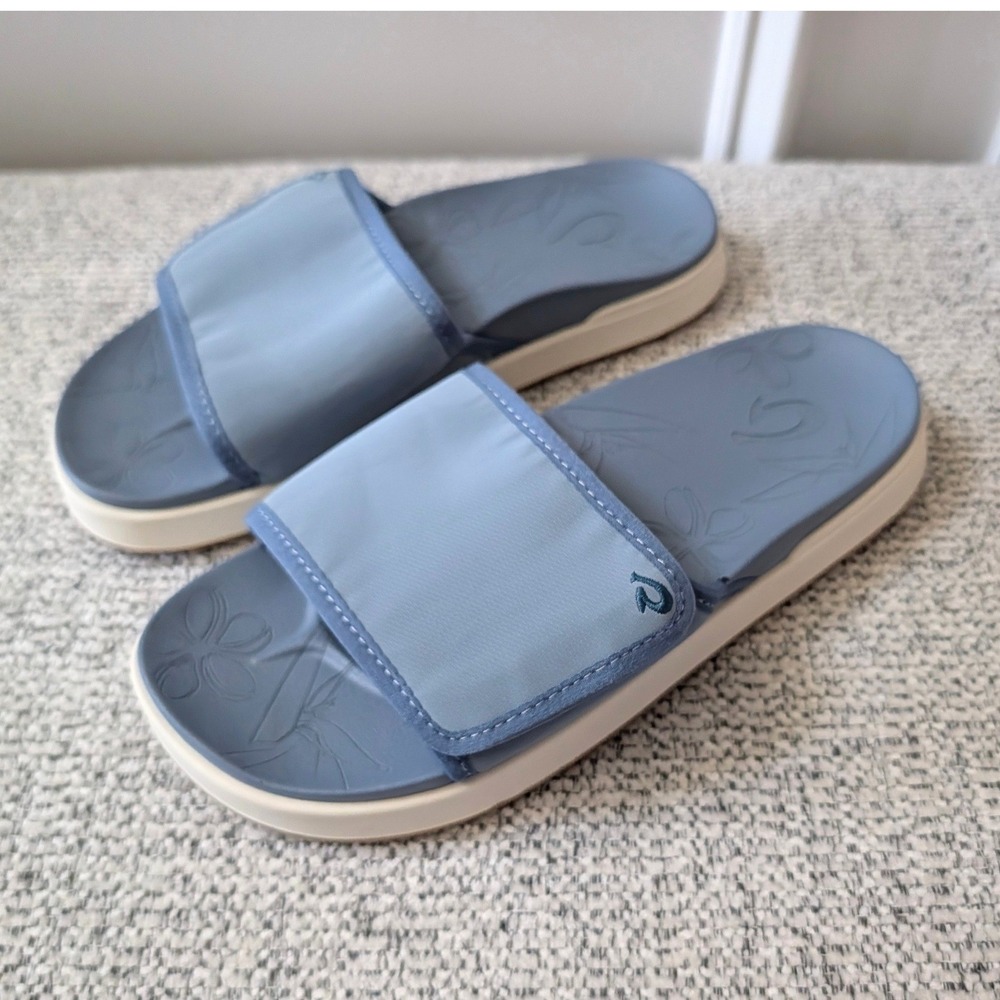 Olukai Kipe'a Heu Blue Adjustable Strap Slide Sandals Women 7